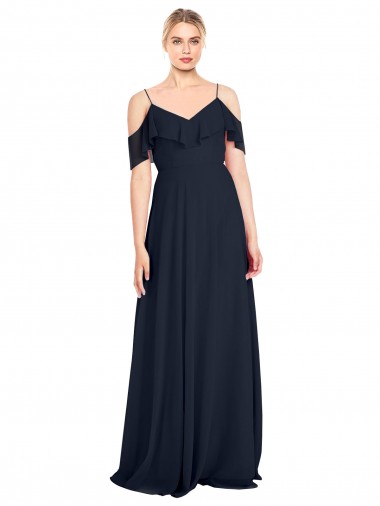 Buy Draped Sleeves Flounce Neckline Long Chiffon Bridesmaid Dress with Spaghetti Straps UK