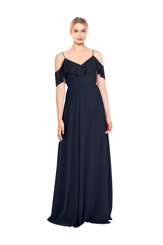 Buy Draped Sleeves Flounce Neckline Long Chiffon Bridesmaid Dress with Spaghetti Straps UK