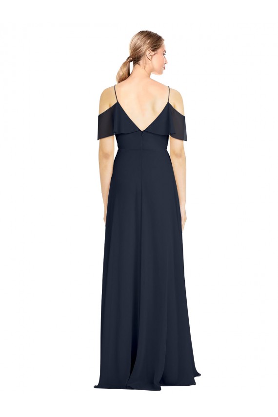 Buy Draped Sleeves Flounce Neckline Long Chiffon Bridesmaid Dress with Spaghetti Straps UK