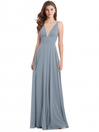 Buy Fitted V-Neckline Long Chiffon Bridesmaid Dress with V-Back UK