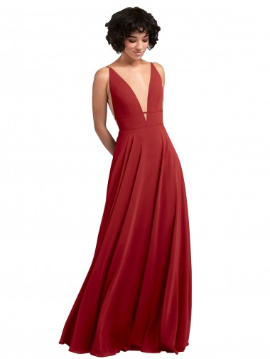 Buy Fitted Plunging Deep V-Neck Long Chiffon Bridesmaid Dress with V-Back UK