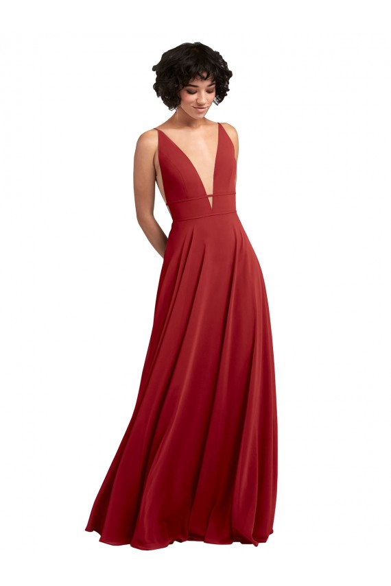 Buy Fitted Plunging Deep V-Neck Long Chiffon Bridesmaid Dress with V-Back UK
