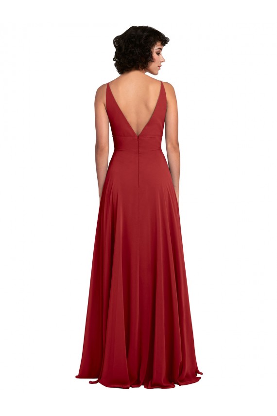 Buy Fitted Plunging Deep V-Neck Long Chiffon Bridesmaid Dress with V-Back UK
