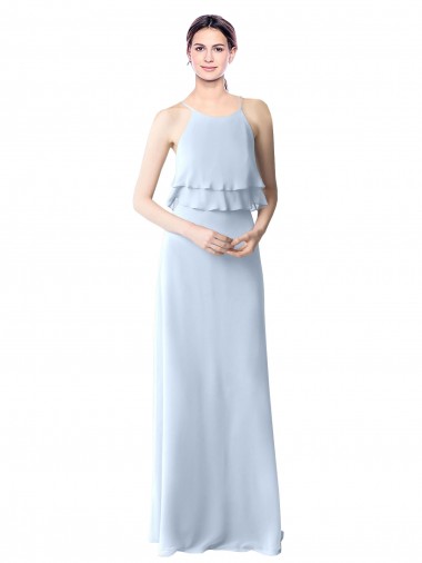 Buy High Narrow Neck Long Chiffon Bridesmaid Dress with Tiered Ruffles UK