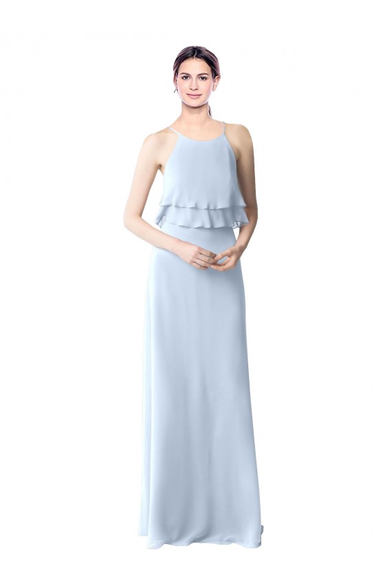 Buy High Narrow Neck Long Chiffon Bridesmaid Dress with Tiered Ruffles UK