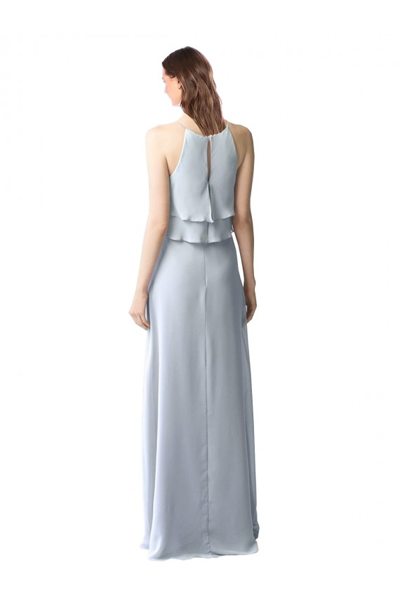 Buy High Narrow Neck Long Chiffon Bridesmaid Dress with Tiered Ruffles UK