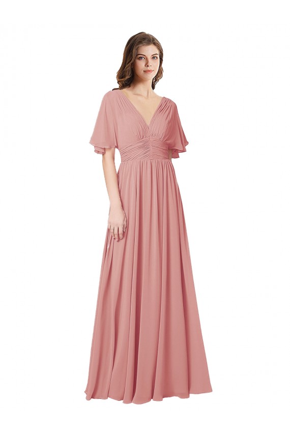 Buy Flutter Sleeves Plunging V-Neck Boho Chiffon Bridesmaid Dress UK