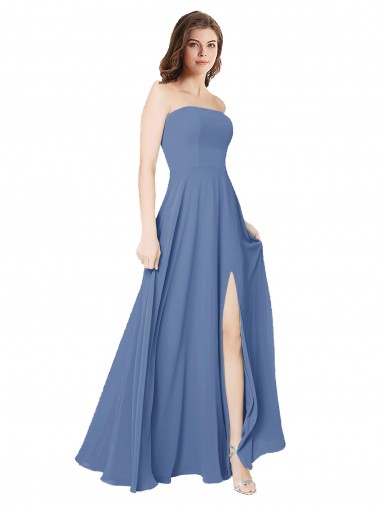 Buy Strapless Long Chiffon Bridesmaid Dress with Front Slit UK
