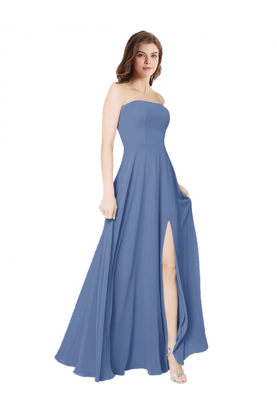Buy Strapless Long Chiffon Bridesmaid Dress with Front Slit UK