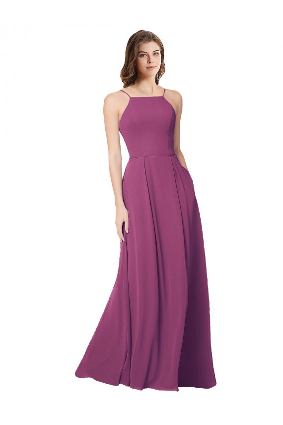 Buy Halter Neck Long Pleated Chiffon Bridesmaid Dress with Pockets UK