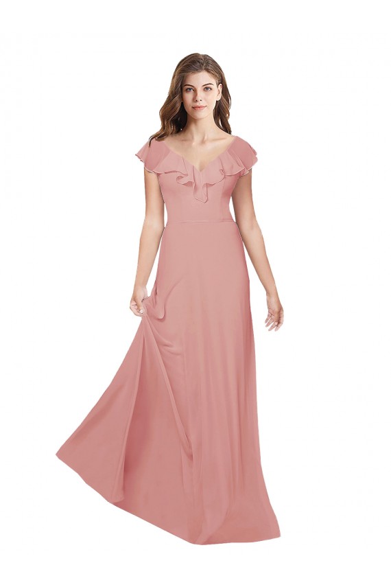 Buy Flounced V Neckline Flutter Sleeves Chiffon Bridesmaid Dress UK