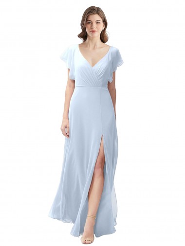 Buy Flutter Sleeves Long Chiffon Bridesmaid Dress with Daring Open Back and Side Slit UK