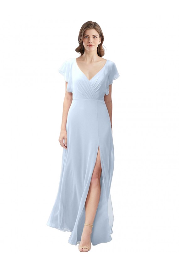 Buy Flutter Sleeves Long Chiffon Bridesmaid Dress with Daring Open Back and Side Slit UK