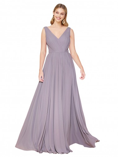 Buy Draped Floor Length High Neck V-Back Chiffon Bridesmaid Dress / Formal Prom Dress with Shirred Bodice UK