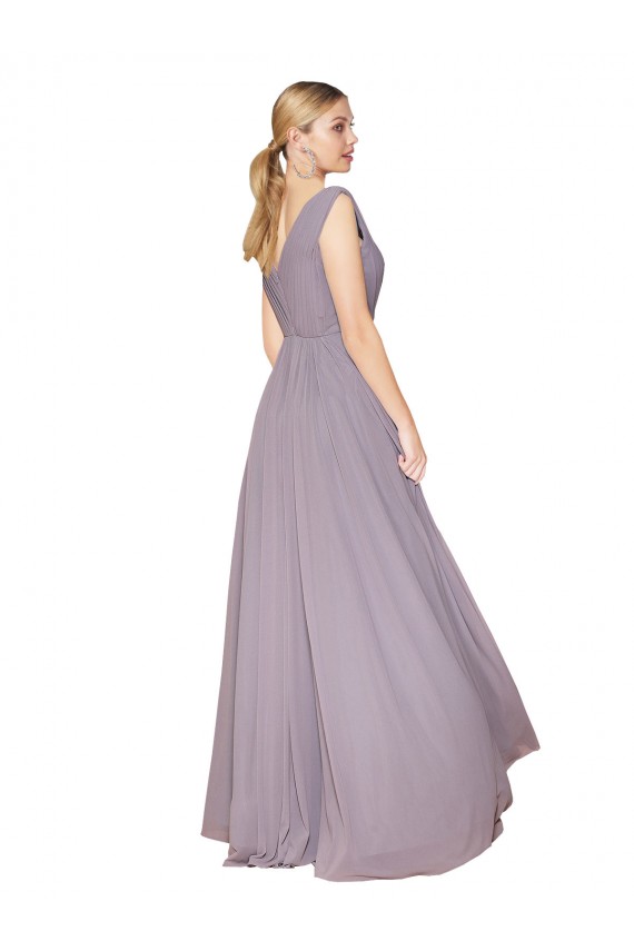 Buy Draped Floor Length High Neck V-Back Chiffon Bridesmaid Dress / Formal Prom Dress with Shirred Bodice UK