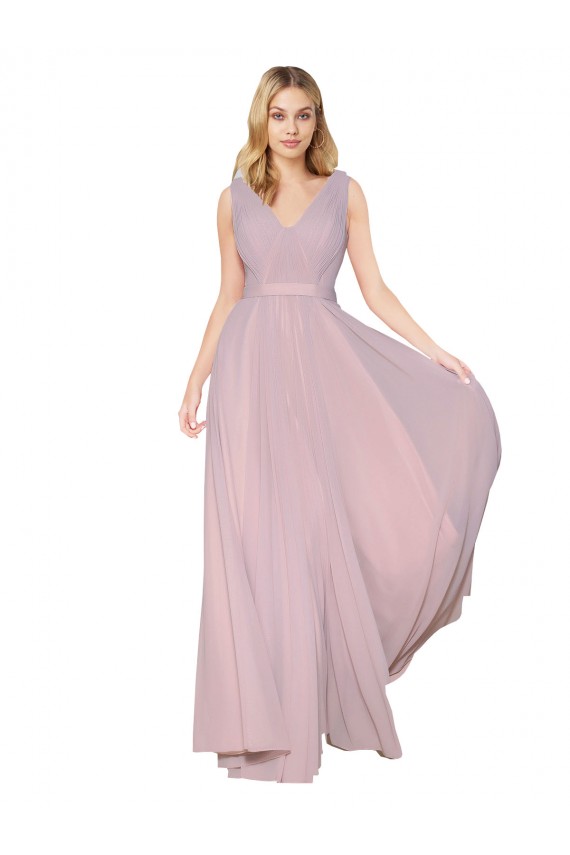 Buy Draped V-Neck Long Chiffon Bridesmaid Dress / Formal Prom Dress with Shirred Bodice UK
