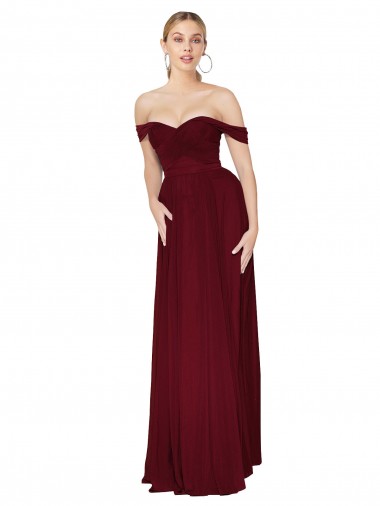 Buy Shirred Sweetheat Neckline Off the Shoulder Long Chiffon Bridesmaid Dress / Formal Prom Dress UK