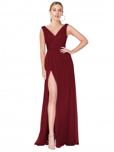 Buy Draped Mermaid Long V-Neck Chiffon Bridesmaid Dress / Formal Prom Dress with High Slit UK