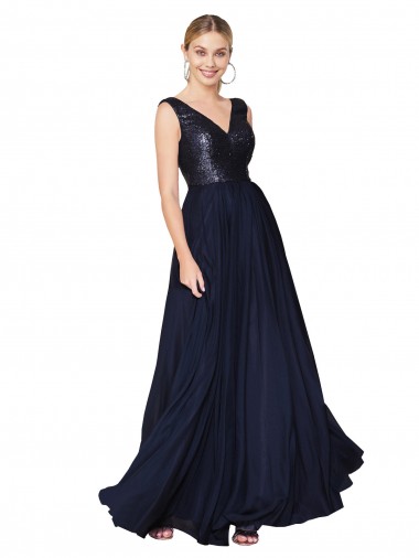 Buy High Neck V-Neck Long Chiffon Bridesmaid Dress / Prom Dress with Sequin Top UK