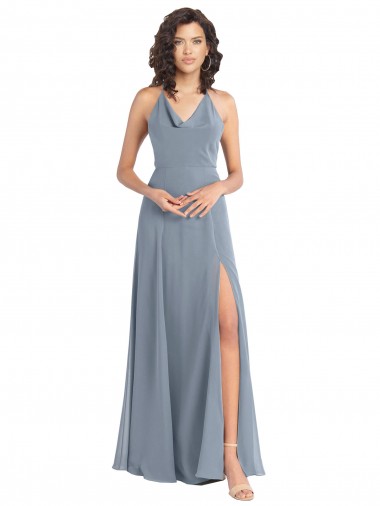 Buy Slim A-Line Cowl Neck Long Chiffon Bridesmaid Dress with Side High Slit UK