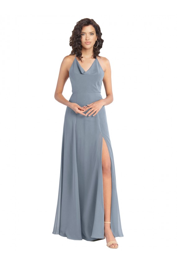 Buy Slim A-Line Cowl Neck Long Chiffon Bridesmaid Dress with Side High Slit UK