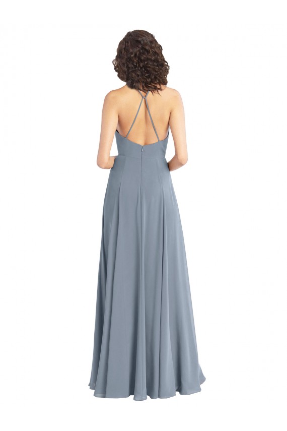 Buy Slim A-Line Cowl Neck Long Chiffon Bridesmaid Dress with Side High Slit UK