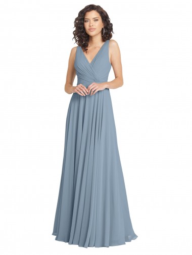 Buy Faux Surplice Bodice Long Chiffon Bridesmaid Dress with V-Neckline UK