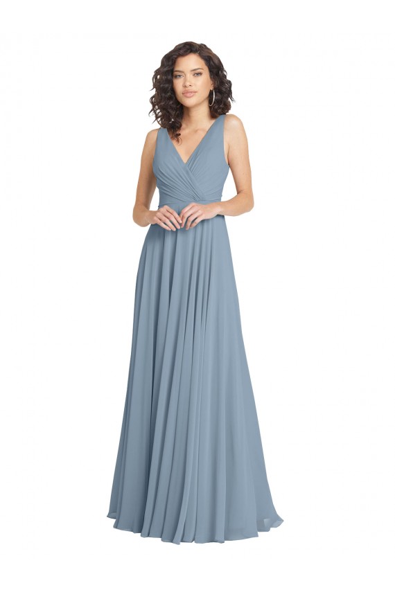 Buy Faux Surplice Bodice Long Chiffon Bridesmaid Dress with V-Neckline UK