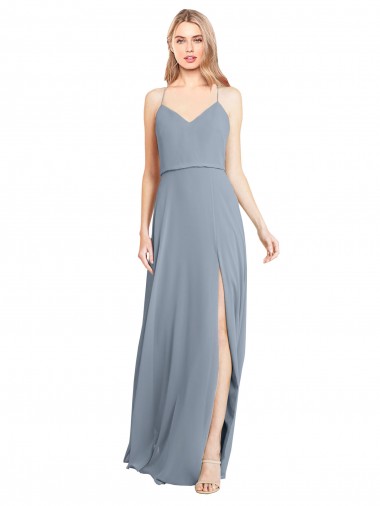 Buy Spaghetti Straps V-Neckline Long Chiffon Bridesmaid Dress with High Slit UK