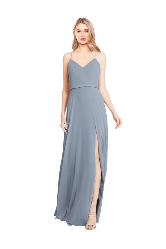 Buy Spaghetti Straps V-Neckline Long Chiffon Bridesmaid Dress with High Slit UK