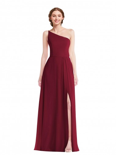 Buy One Shoulder Chiffon Maxi Bridesmaid Dress with Shirred Front Slit UK