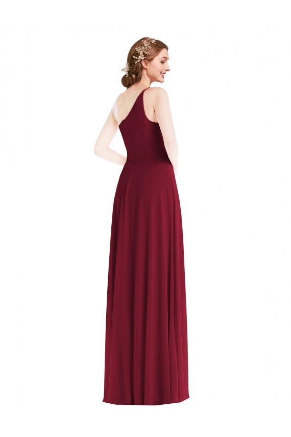 Buy One Shoulder Chiffon Maxi Bridesmaid Dress with Shirred Front Slit UK