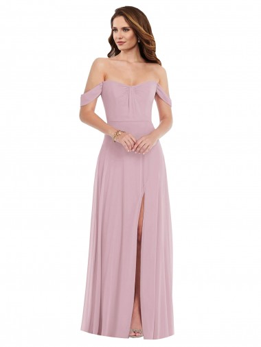 Buy Off the Shoulder Draped Sleeve Maxi Bridesmaid Dress with Front Slit UK