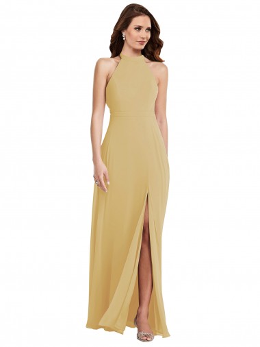 Buy Stand Collar Halter Maxi Bridesmaid Dress with Criss Cross Open Back UK