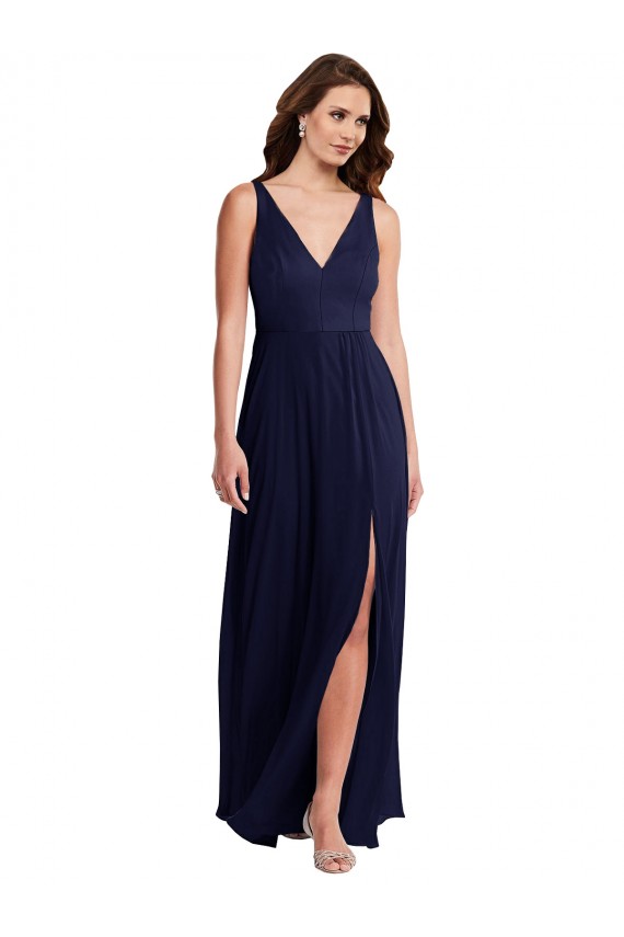 Buy Deep V-Neck Chiffon Maxi Bridesmaid Dress with Front Slit UK