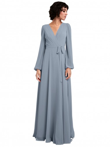 Buy Wrap Style Long Sleeves Chiffon Bridesmaid Dress with Pleated Bodice UK