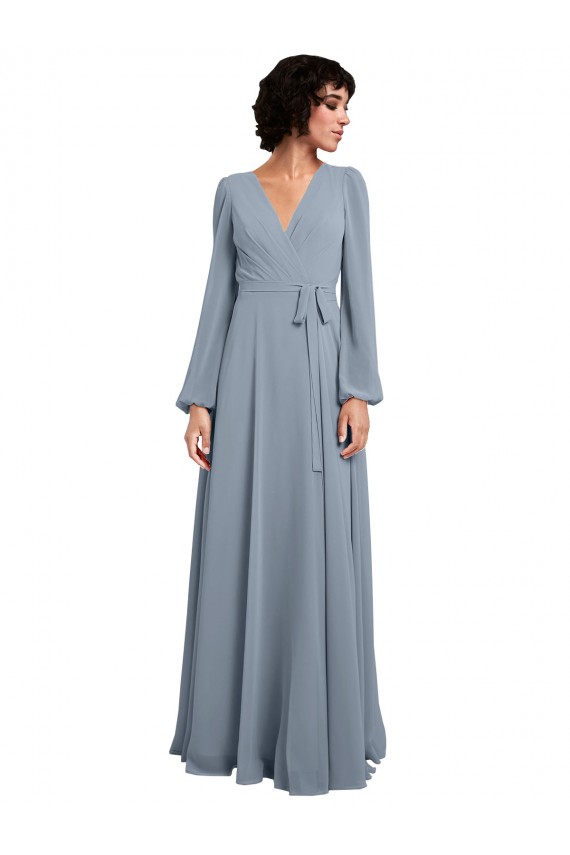Buy Wrap Style Long Sleeves Chiffon Bridesmaid Dress with Pleated Bodice UK