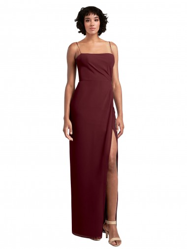Buy Sleek Straight Neckline Chiffon Bridesmaid Dress with Spaghetti Straps and High Side Slit UK