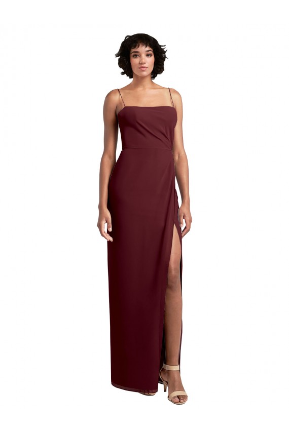 Buy Sleek Straight Neckline Chiffon Bridesmaid Dress with Spaghetti Straps and High Side Slit UK