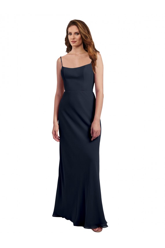 Buy Scoop Neck Long Chiffon Open Back Bridesmaid Dress with Spaghetti Straps UK