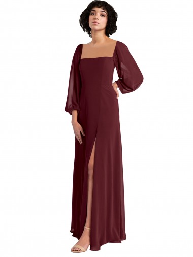 Buy Sheer Long Sleeves Chiffon Bridesmaid Dress with High Slit UK
