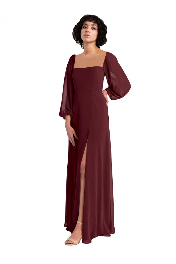 Buy Sheer Long Sleeves Chiffon Bridesmaid Dress with High Slit UK