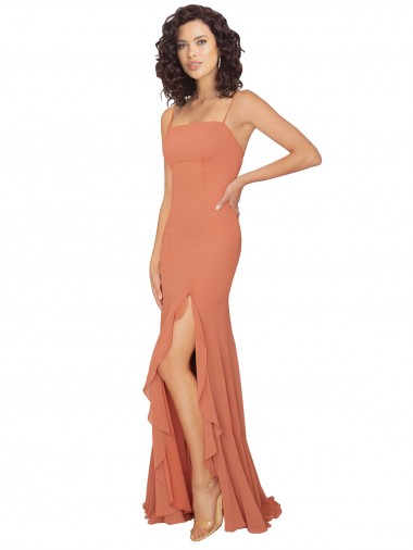Buy Chiffon Square Neck Bridesmaid Dress with Ruffled Skirt Slit UK