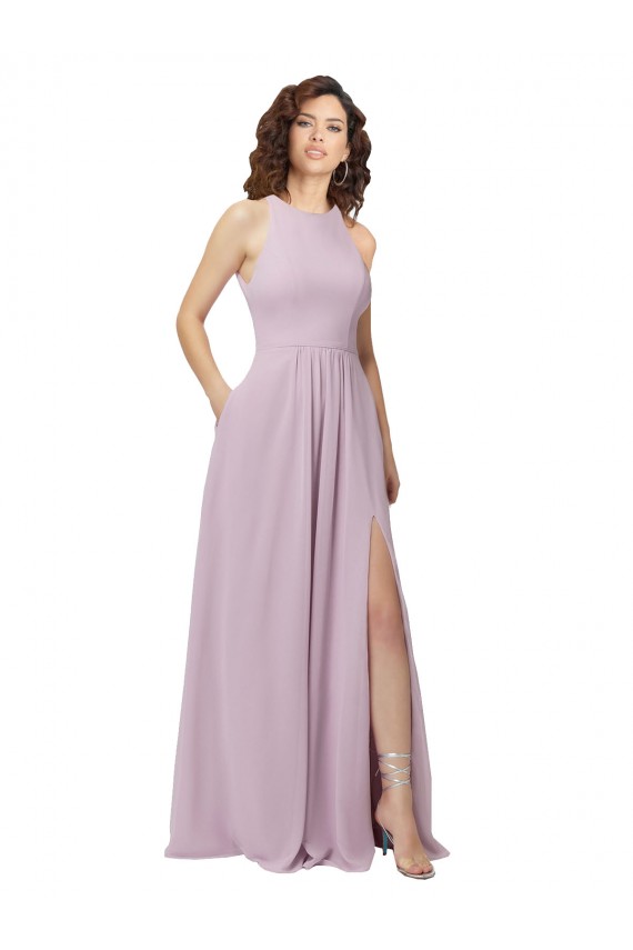 Buy High-Halter Chiffon Bridesmaid Dress with Keyhole Cowl Back UK