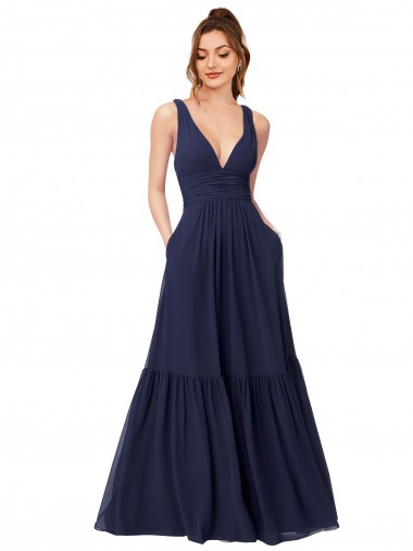 Buy Floor Length Deep V-Neck Ruched Chiffon Long Bridesmaid Dress UK