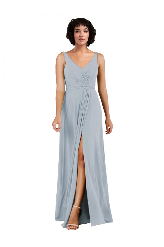 Buy V-Neckline Wrapped Chiffon Bridesmaid Dress with Skirt Slit UK
