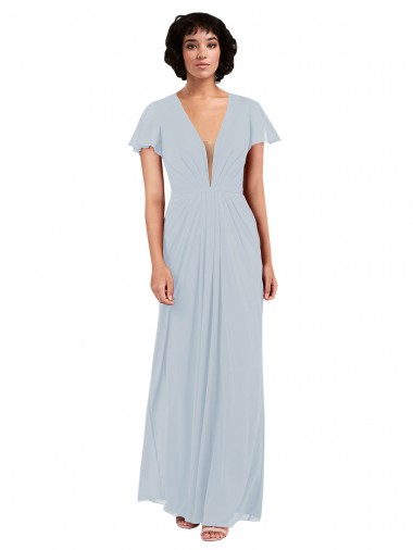 Buy Deep V-Neckline Chiffon Bridesmaid Dress with Flutter Sleeves UK