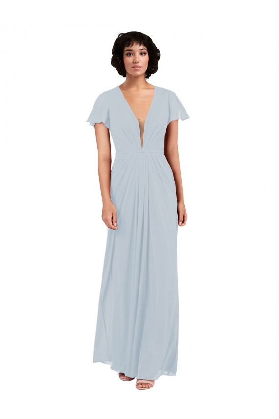 Buy Deep V-Neckline Chiffon Bridesmaid Dress with Flutter Sleeves UK