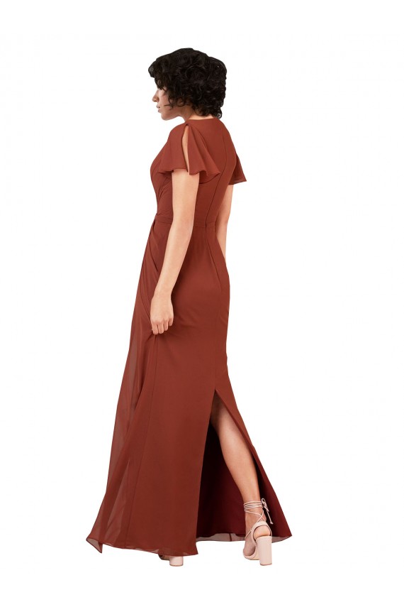 Buy Deep V-Neckline Chiffon Bridesmaid Dress with Flutter Sleeves UK