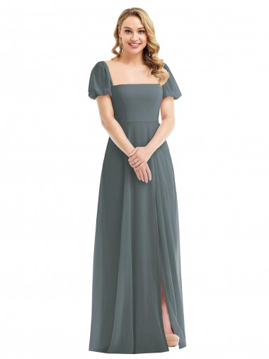 Buy Puff Sleeves Chiffon Maxi Bridesmaid Dress with Front Slit UK